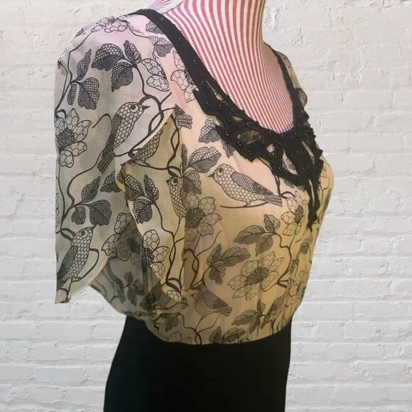 Anthropologie Whimsical Silk Dress Birds Flowers Retro Pencil Eva Franco Size 4 - Picture 5 of 10